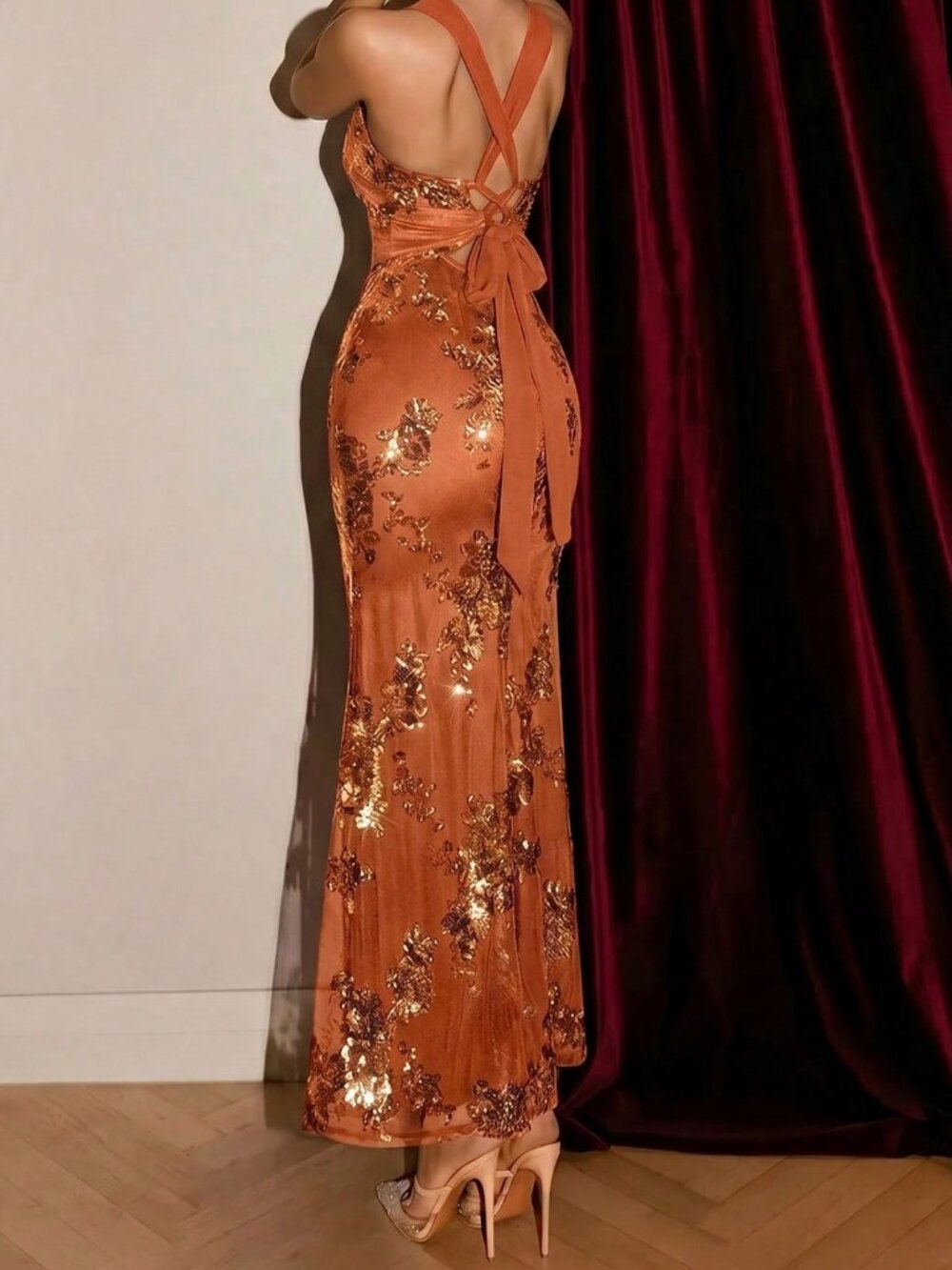 Orange Boho Women's Sequin Embroidered Mermaid Hem Dress - Picture 2 of 5
